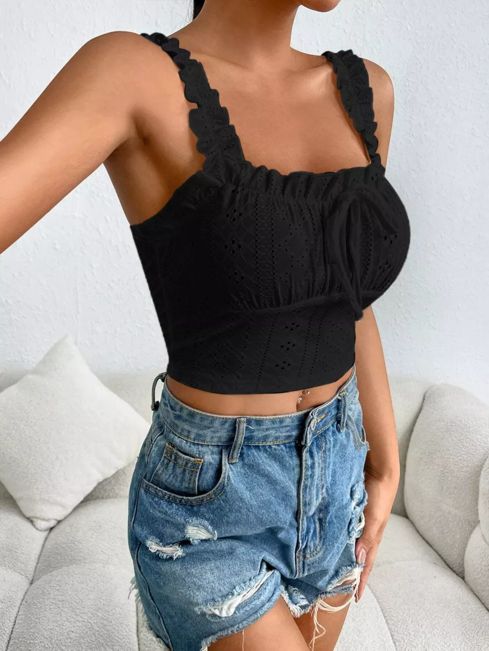 Eyelet Ruffle Strap Tie-Front Tank, image 2