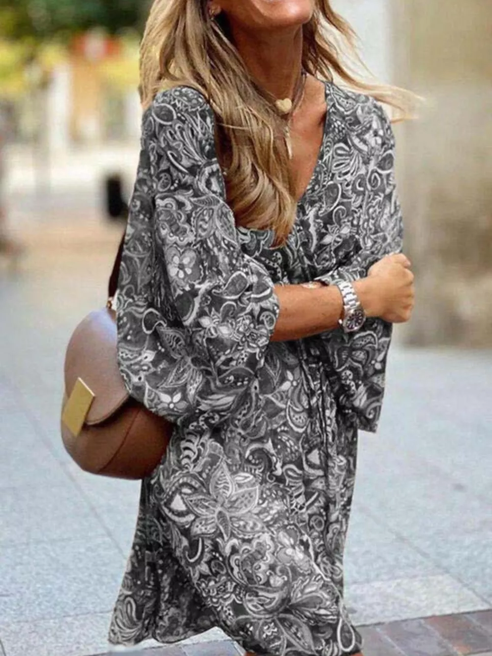 Full Size Paisley Print Long Sleeve Mini Dress Plus Size, image 9