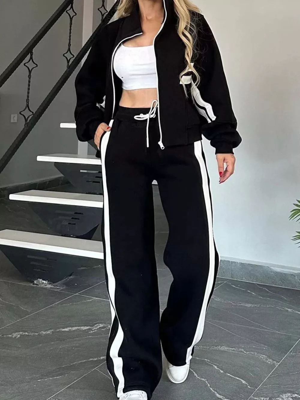 Full Size Contrast Stripe Zip Up Jacket and Pants Set Plus Size