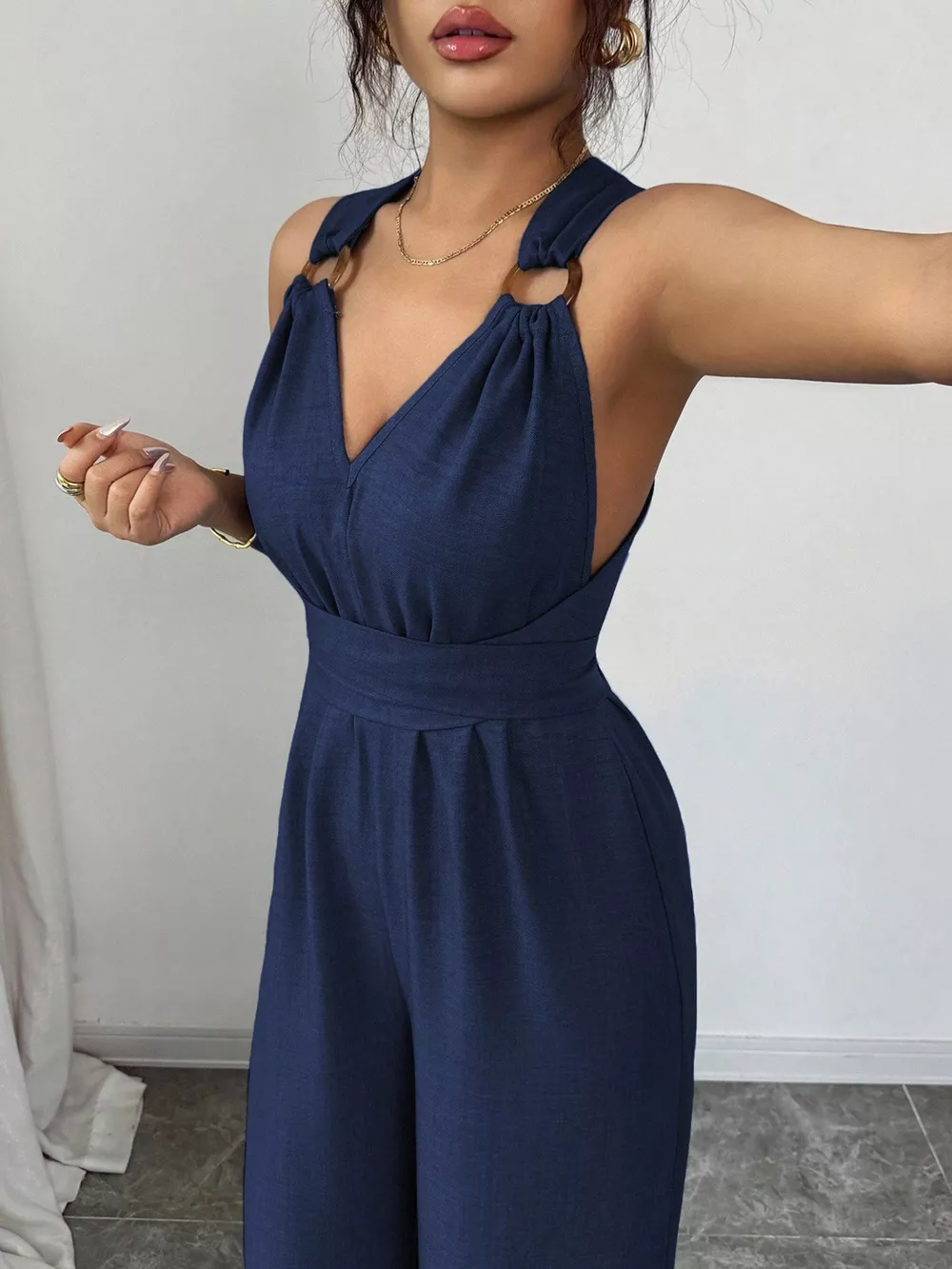 Sleeveless V-Neck Wide-Leg Jumpsuit with O-Ring Detail, image 5