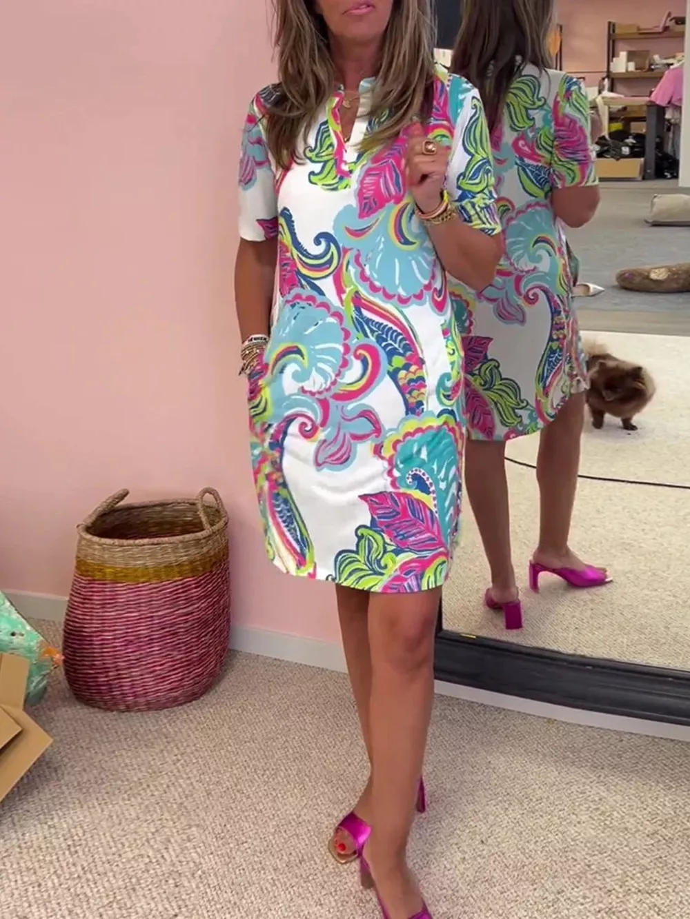Full Size Vibrant Paisley Print Short Sleeve Shift Dress Plus Size