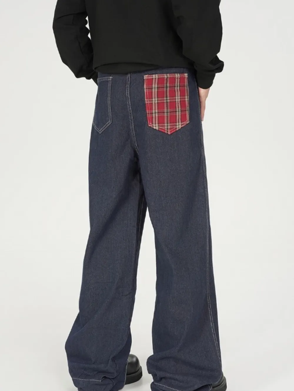 Men's Plaid Pocket Wide Leg Jeans, image 2