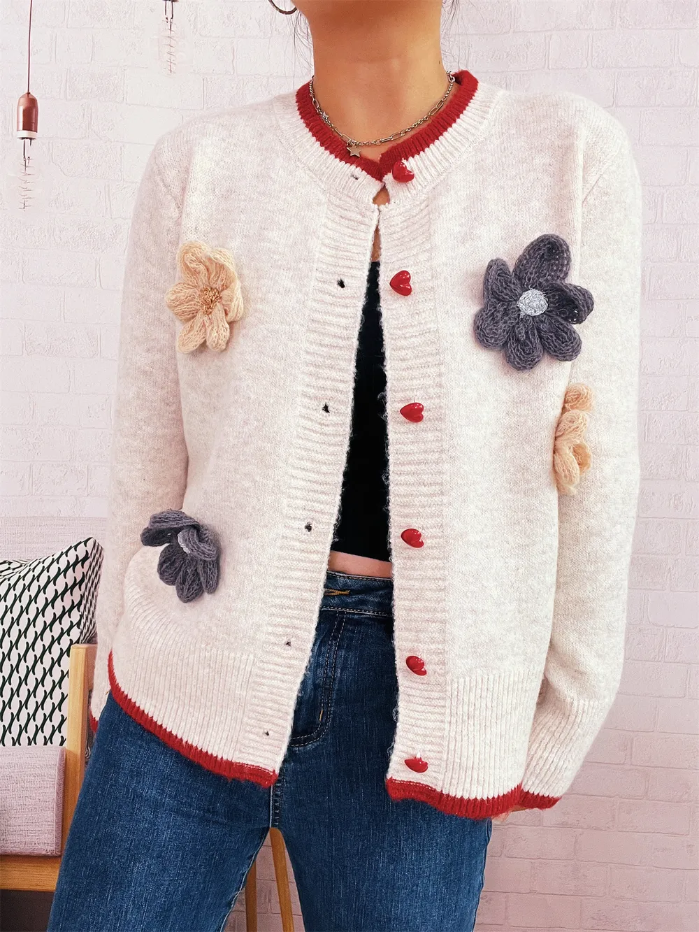 Flower Button Up Long Sleeve Cardigan, image 3