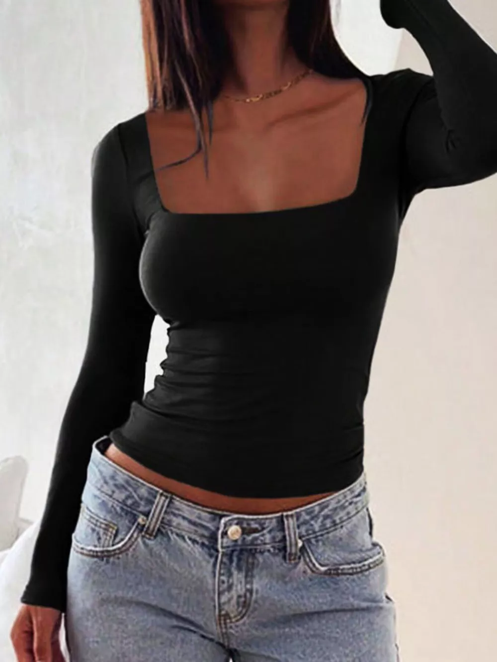 Square Neck Slim Fit Long Sleeve T-Shirt, image 18
