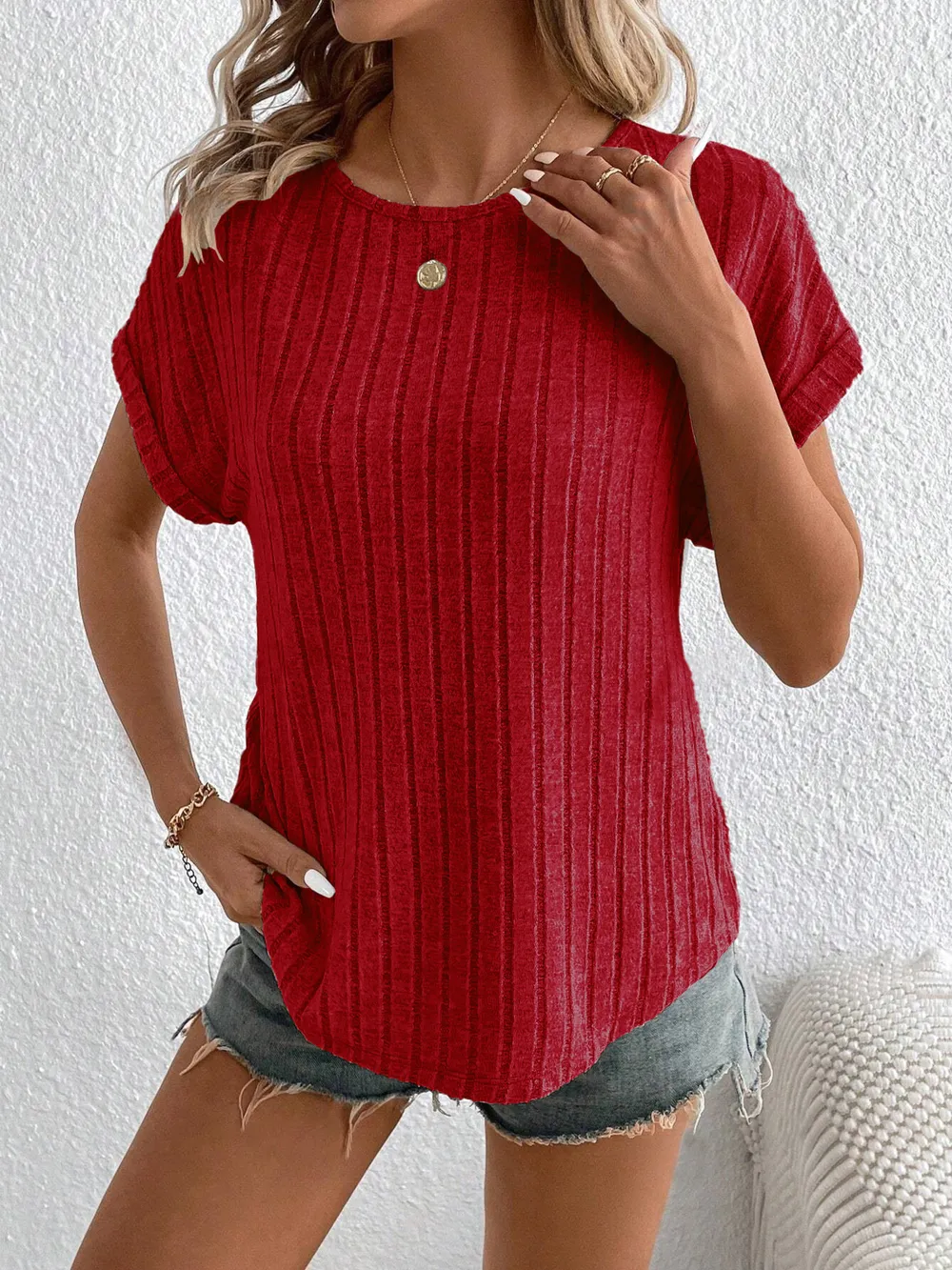 Plus Size Ribbed Texture Short Sleeve T-Shirt, image 15
