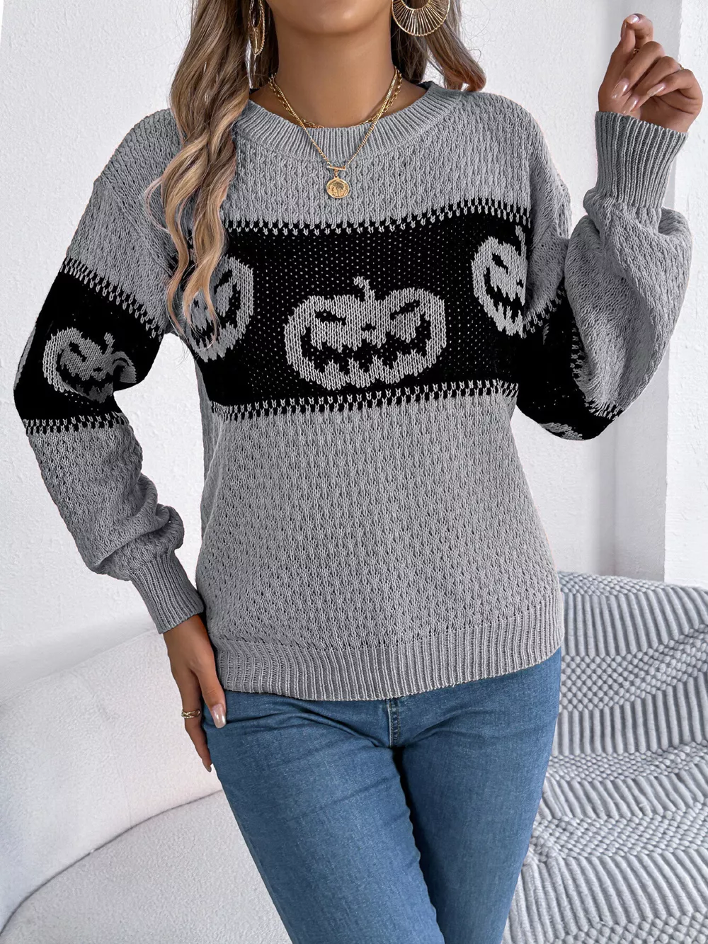 Halloween Pumpkin Pattern Round Neck Sweater, image 8