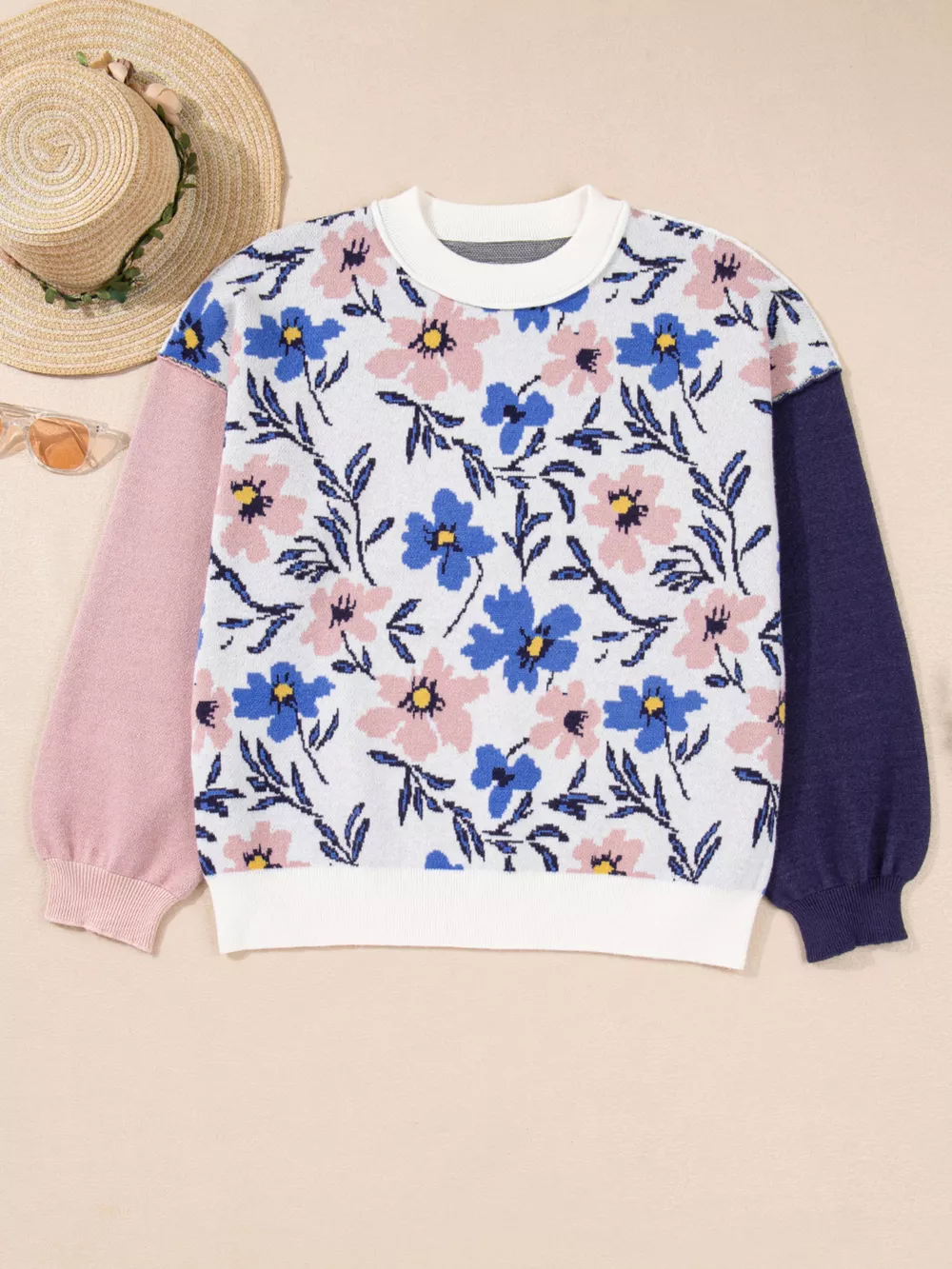 Floral Panel Colorblock Sleeve Patchwork Sweater, image 4