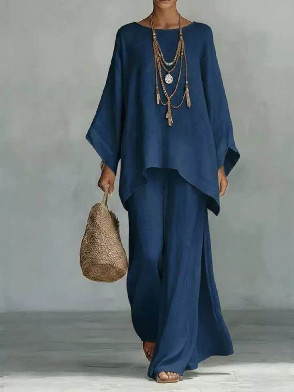 Full Size Round Neck Top and Wide Leg Pants Set Plus Size, image 6