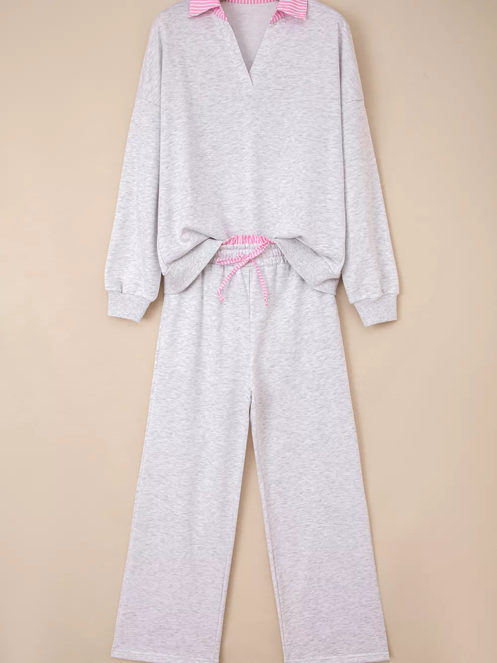 Contrasted Trim Frilled Collar Drop Shoulder Top and Drawstring Pant Set, image 9