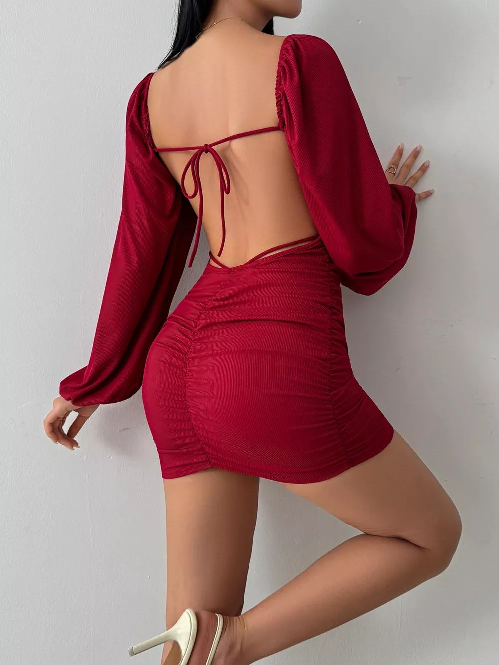 Backless Square Neck Long Sleeve Dress, image 2