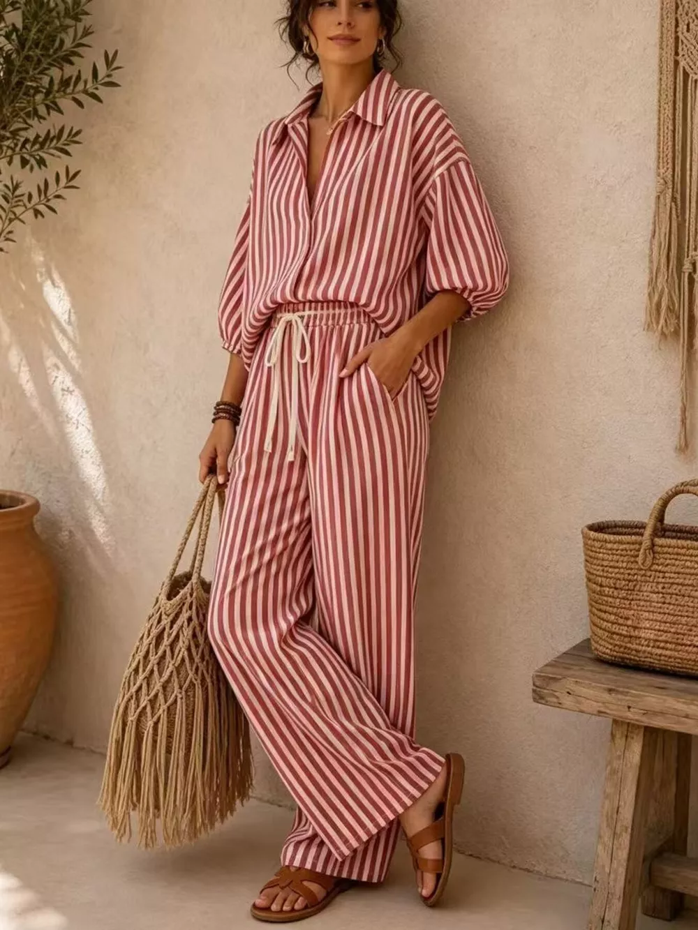 Striped Collared Shirt and Wide-Leg Drawstring Pants Set, image 11