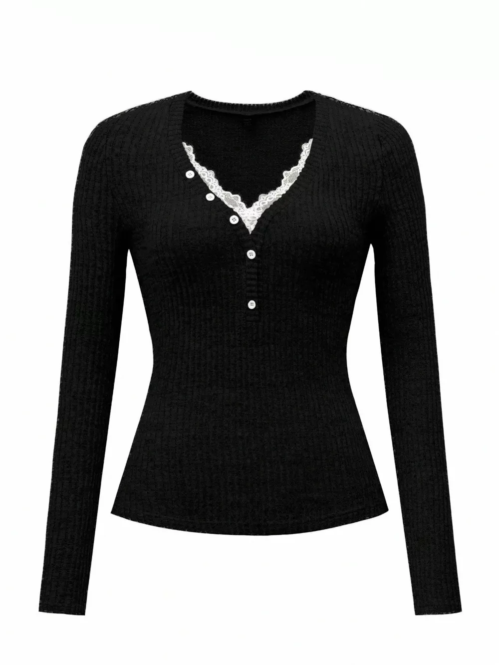 Ribbed Knit Lace Trim T-Shirt, image 9