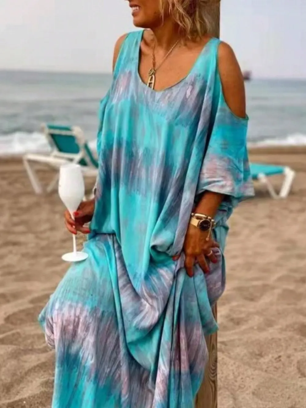 Plus Size Tie-Dye Cold Shoulder Maxi Dress, image 3