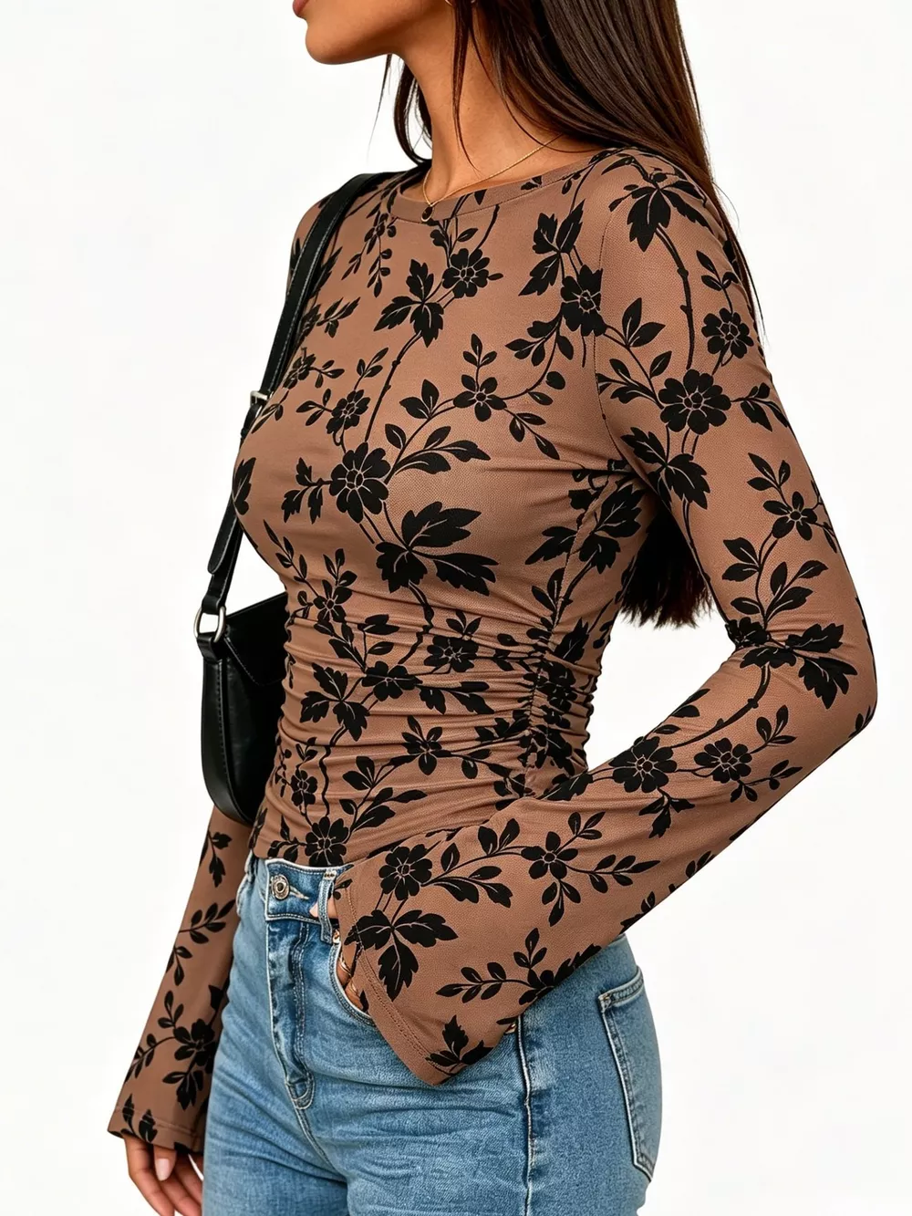 Slim Fit Floral Print Long Sleeve Top, image 2