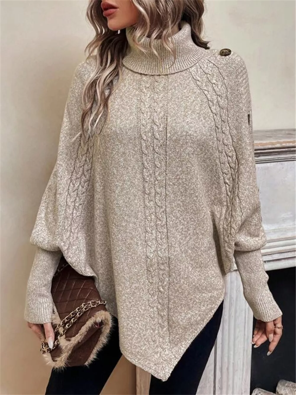Cable Knit Turtleneck Cape Sweater, image 15