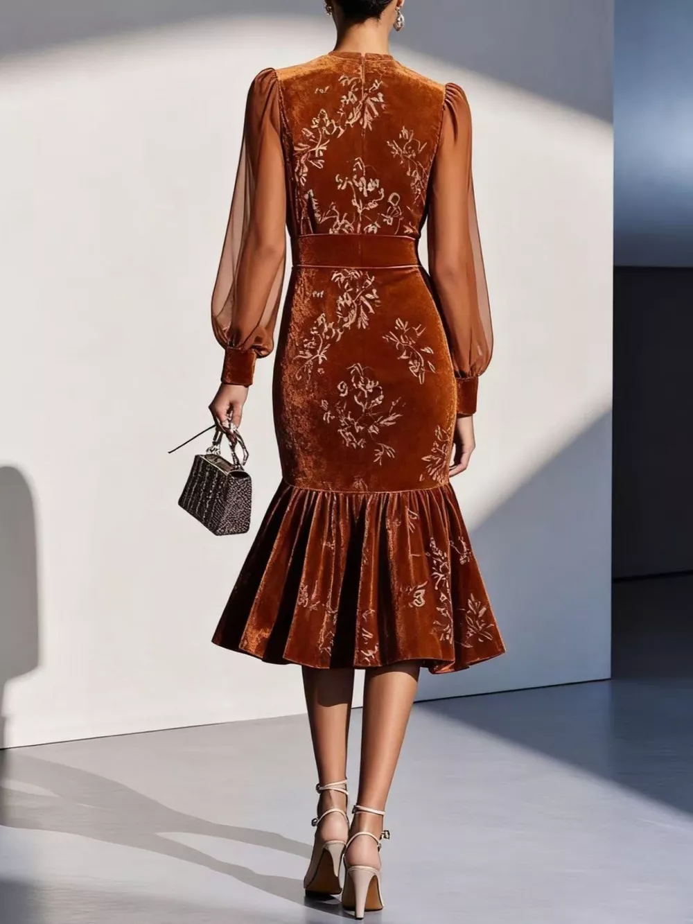 Velvet Floral Lantern Sleeve Midi Dress, image 5