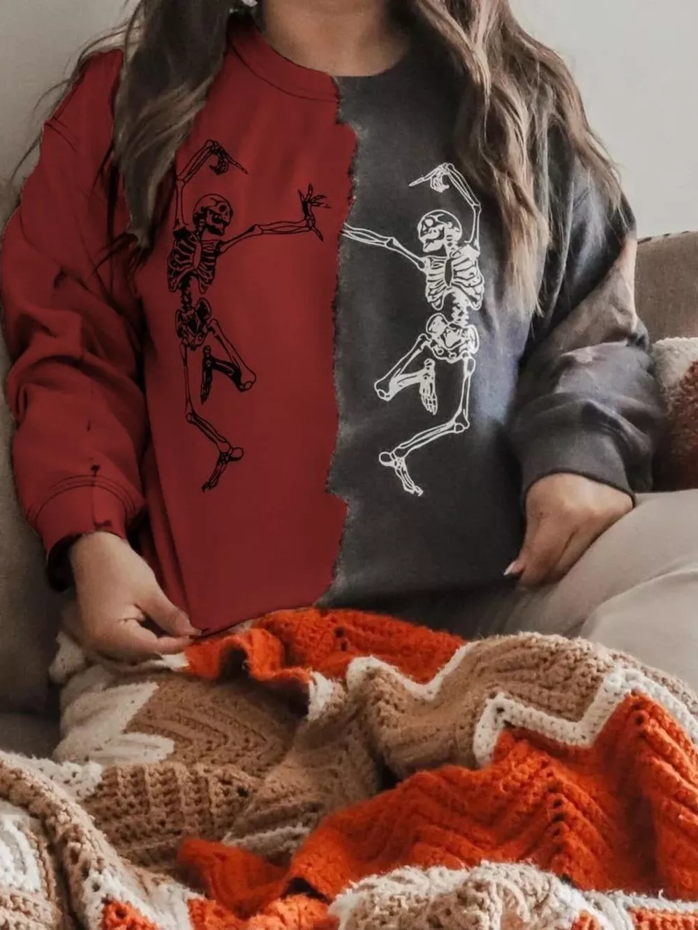 Halloween Skeleton Print Color Block Sweatshirt, image 5