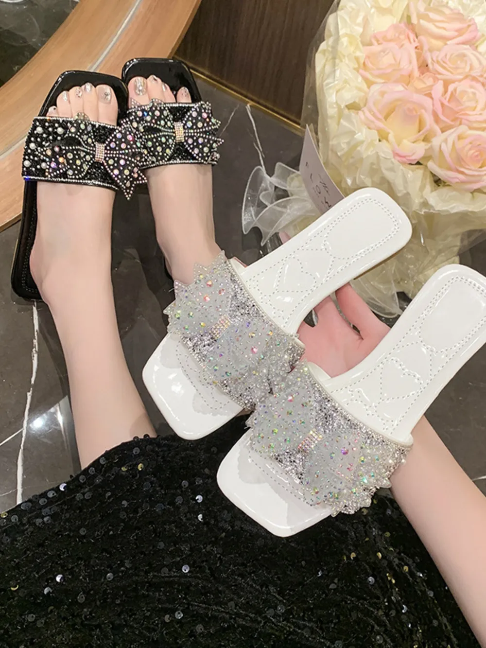 Rhinestone Embellished Flats Slip-On Sandals, image 2
