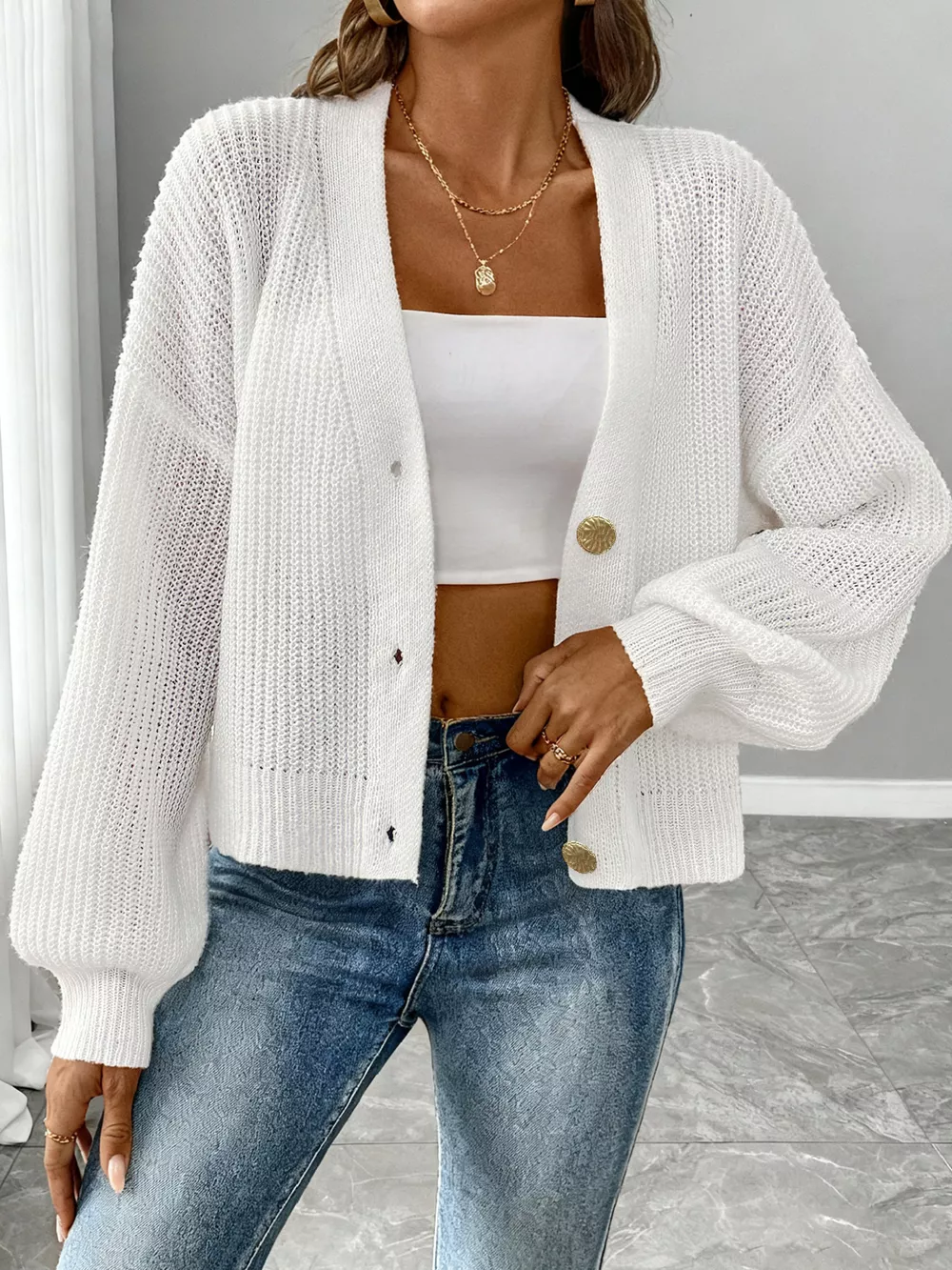 Elegant V-Neck Button-Down Ribbed Knit Cardigan, image 5