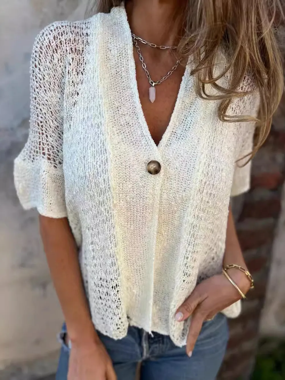 Full Size One Button Half Sleeve Cardigan Plus Size, image 17