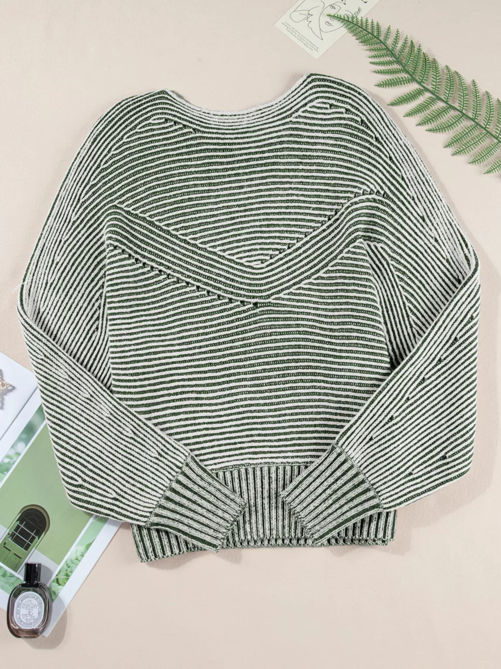 Striped Ribbed Knit Boat Neck Baggy Sweater, image 11
