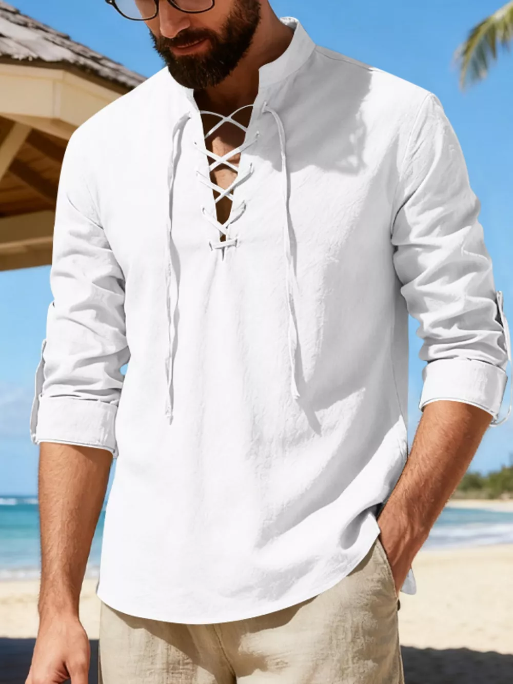 Men's Full Size Casual Lace-Up Linen Shirt Plus Size, image 8