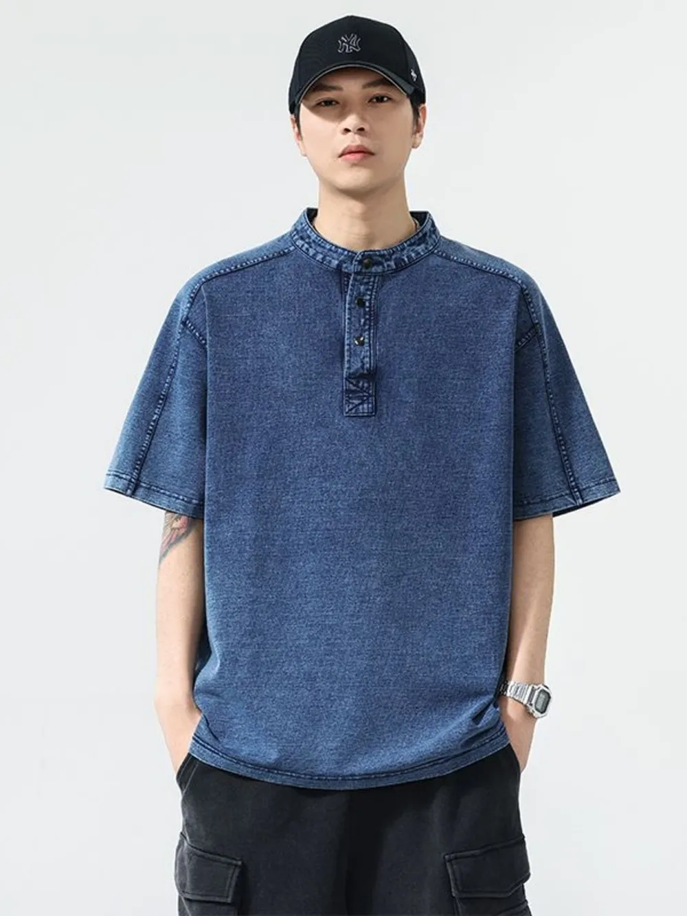 Men's Plus Size Button Detail Short Sleeve Denim Top
