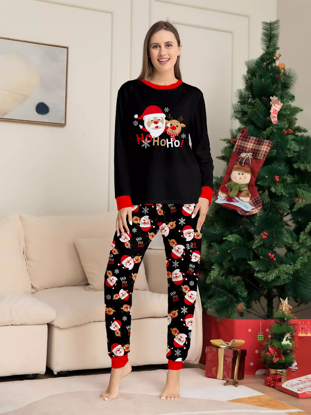 Full Size Matching Family Christmas Pajamas Set with Santa and Reindeer Print Plus Size, image 4