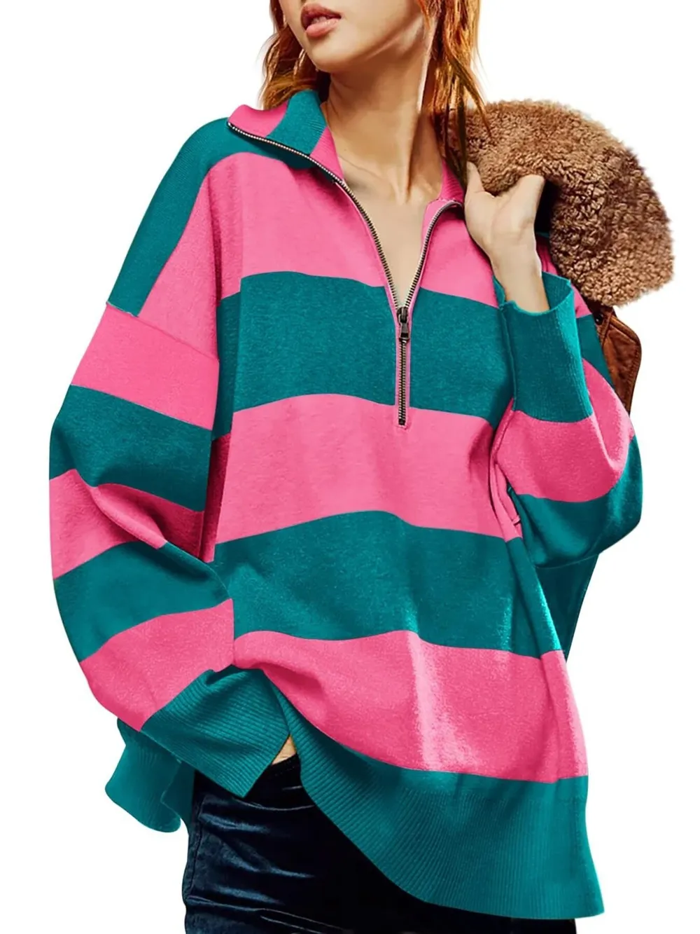 Striped Half-Zip Oversized Sweatshirt, image 14