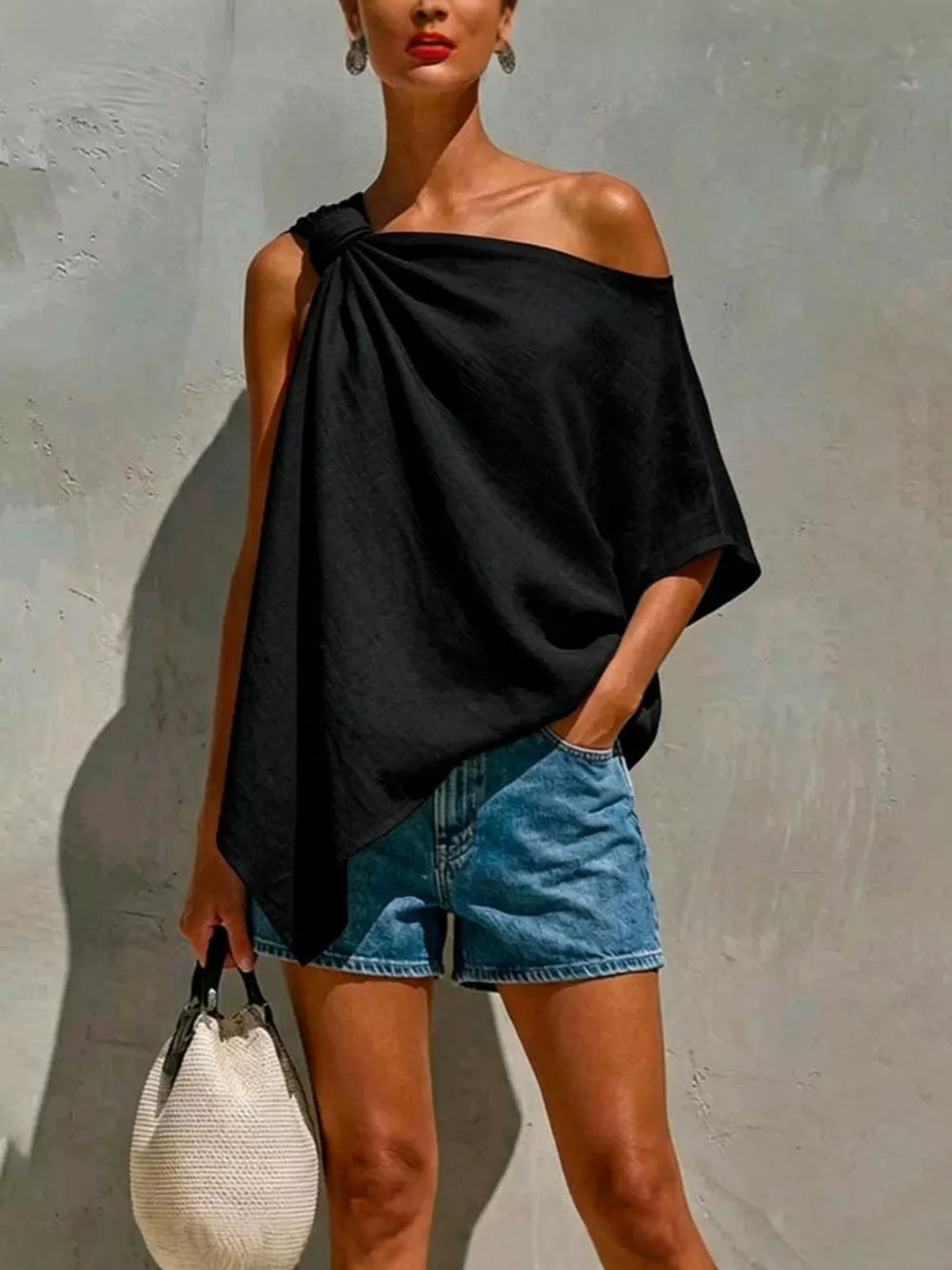 Full Size One-Shoulder Knot Detail Blouse Plus Size