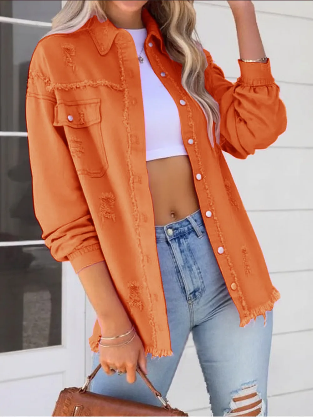 Distressed Denim Jacket with Frayed Edges, image 33