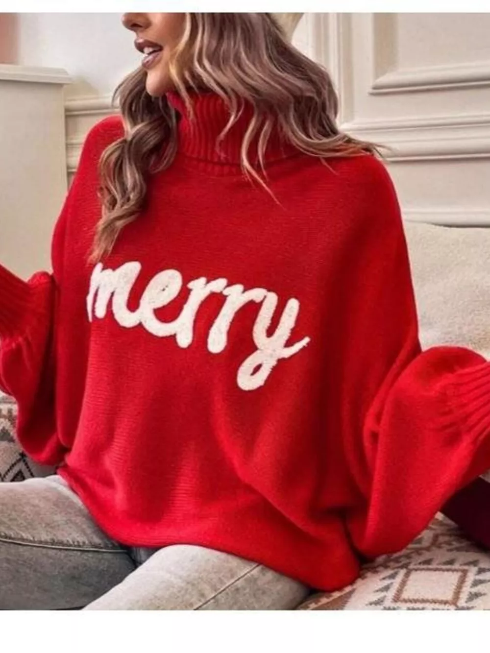 Merry Turtleneck Long Sleeve Christmas Sweater, image 9