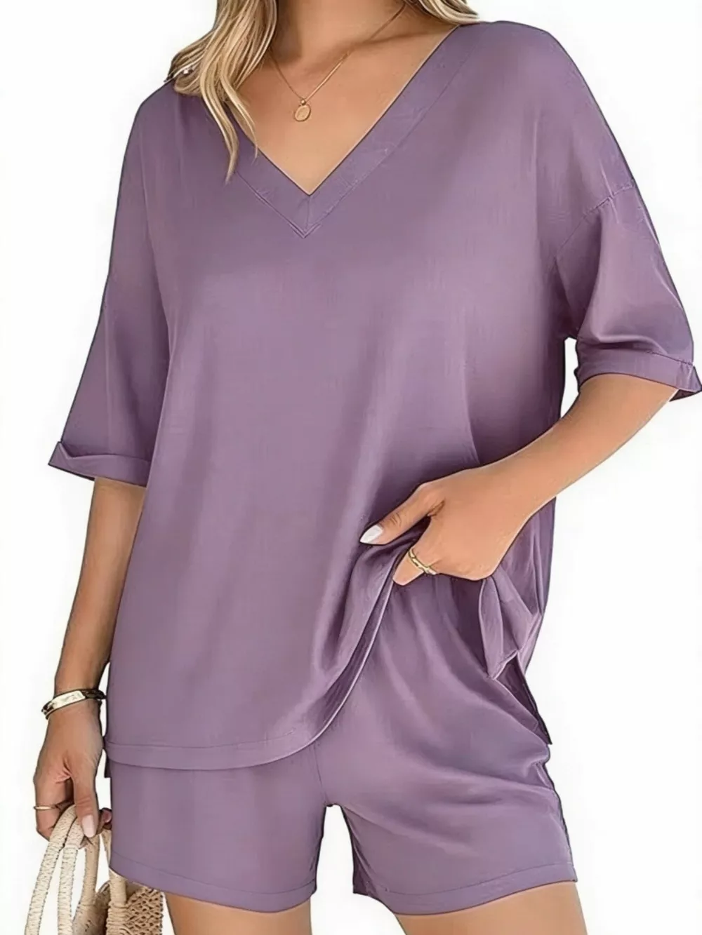 Solid Color V-Neck and Shorts Set, image 16