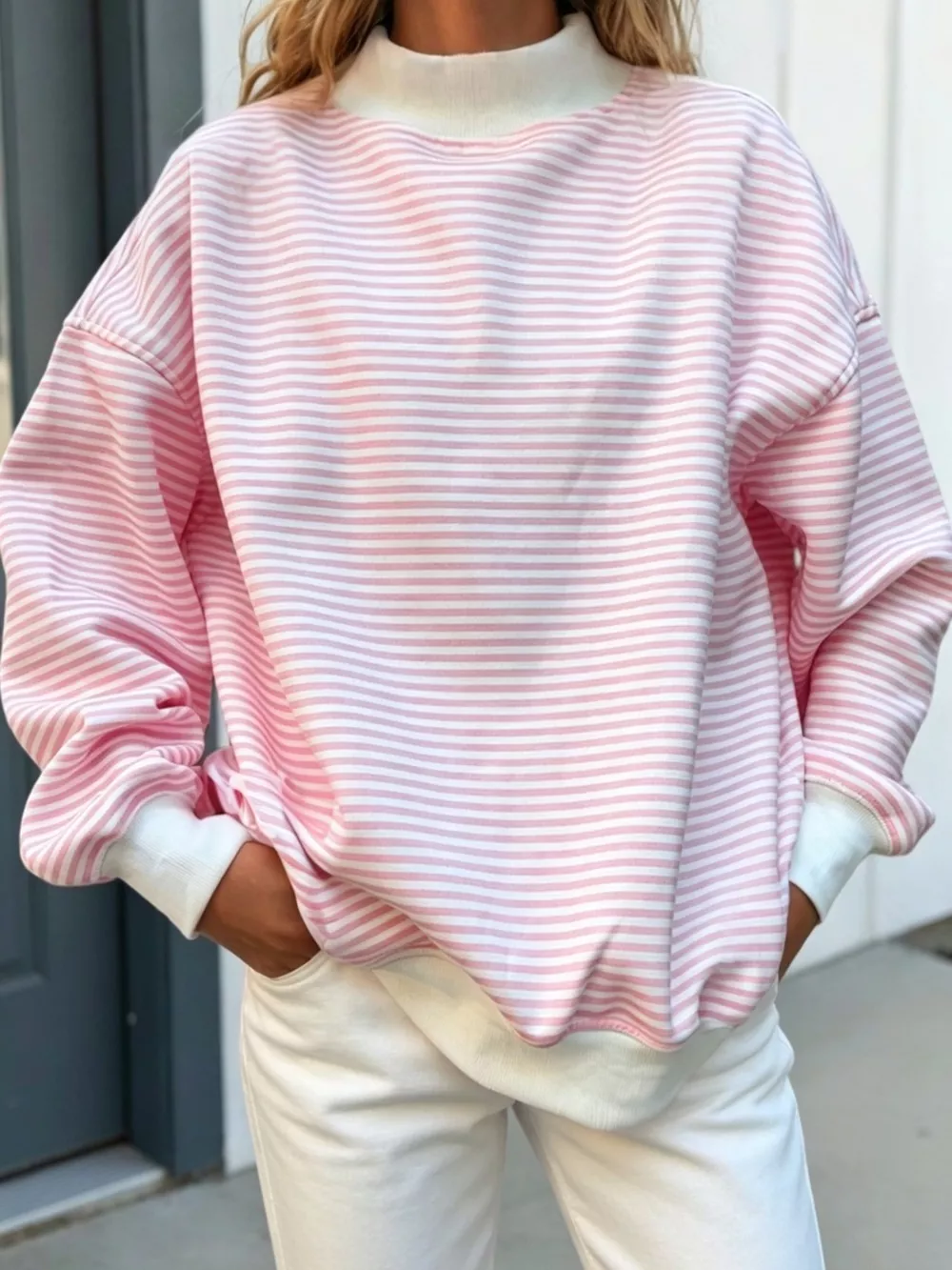 Oversized Striped Crew Neck Sweatshirt, image 8