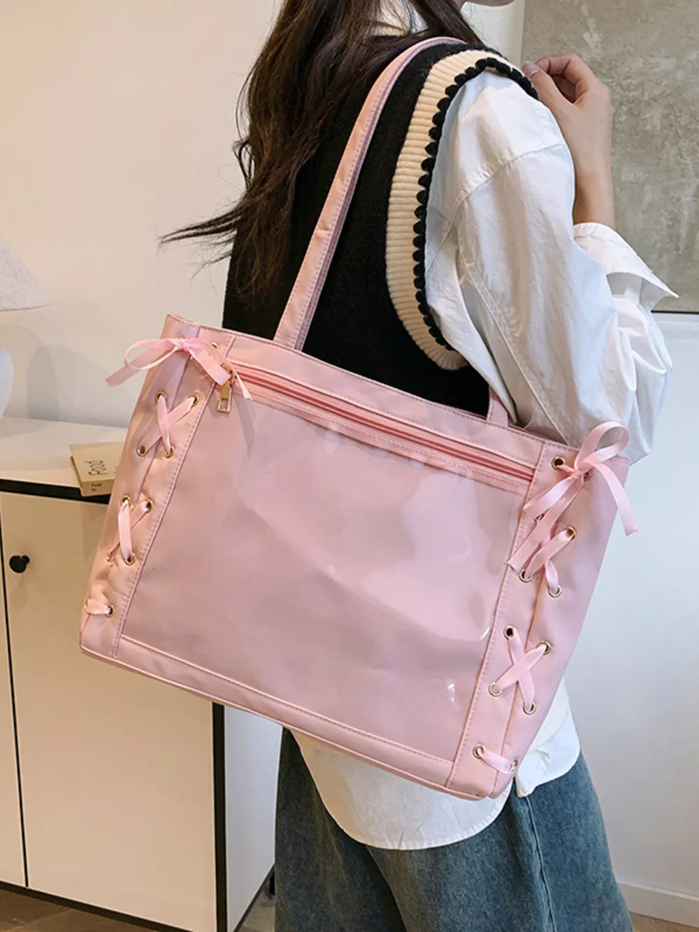 Lace-Up Trim Clear Panel Shoulder Bag, image 4