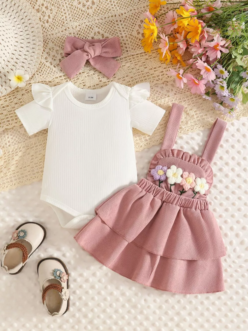 Children's Ribbed Top and Floral Overall Dress Set with Headband, image 3