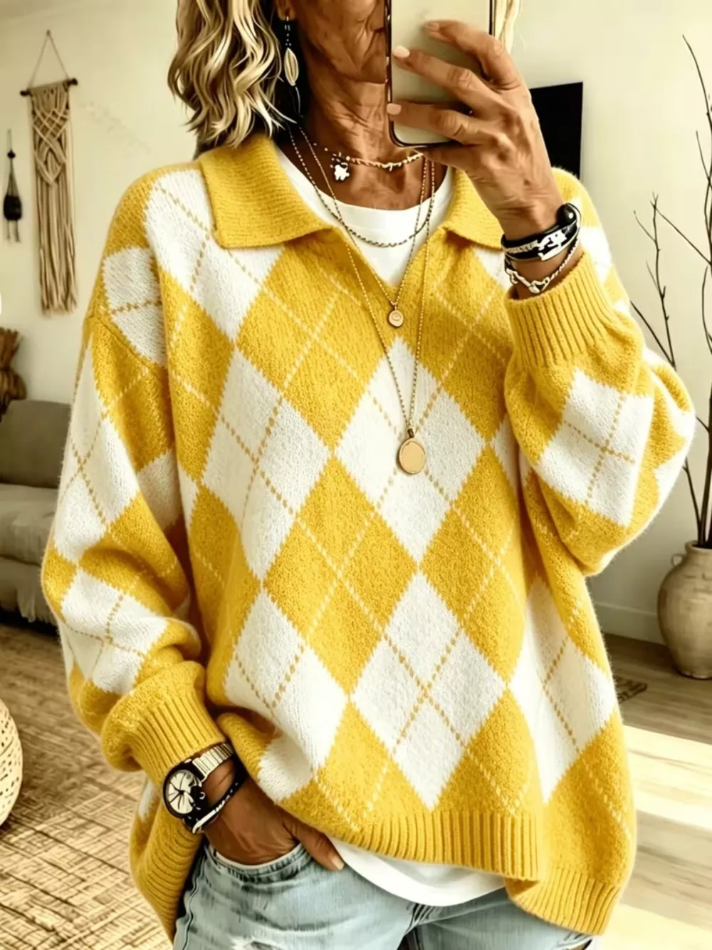 Argyle Pattern Polo Collar Sweater, image 9