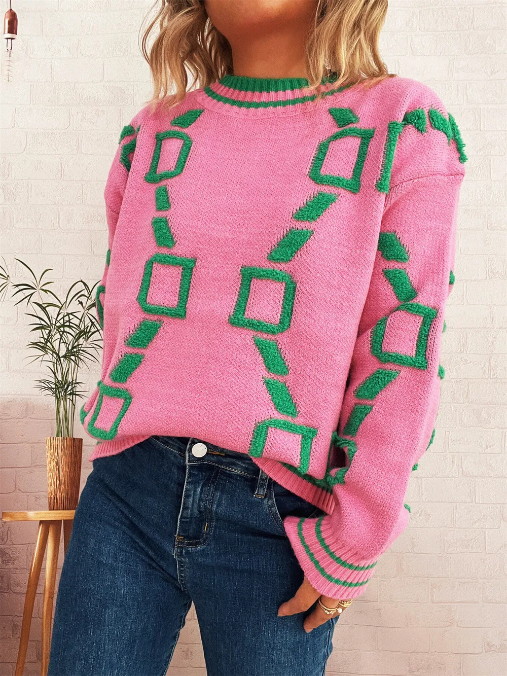Contrast Round Neck Long Sleeve Sweater, image 3