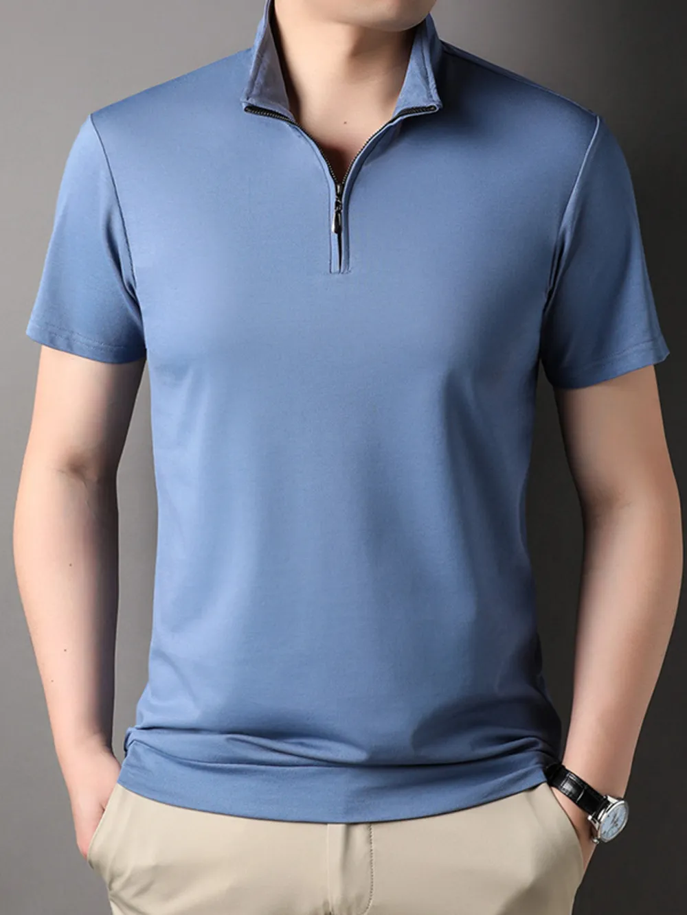 Men's Plus Size Zip Collar Short Sleeve Polo Shirt, image 3