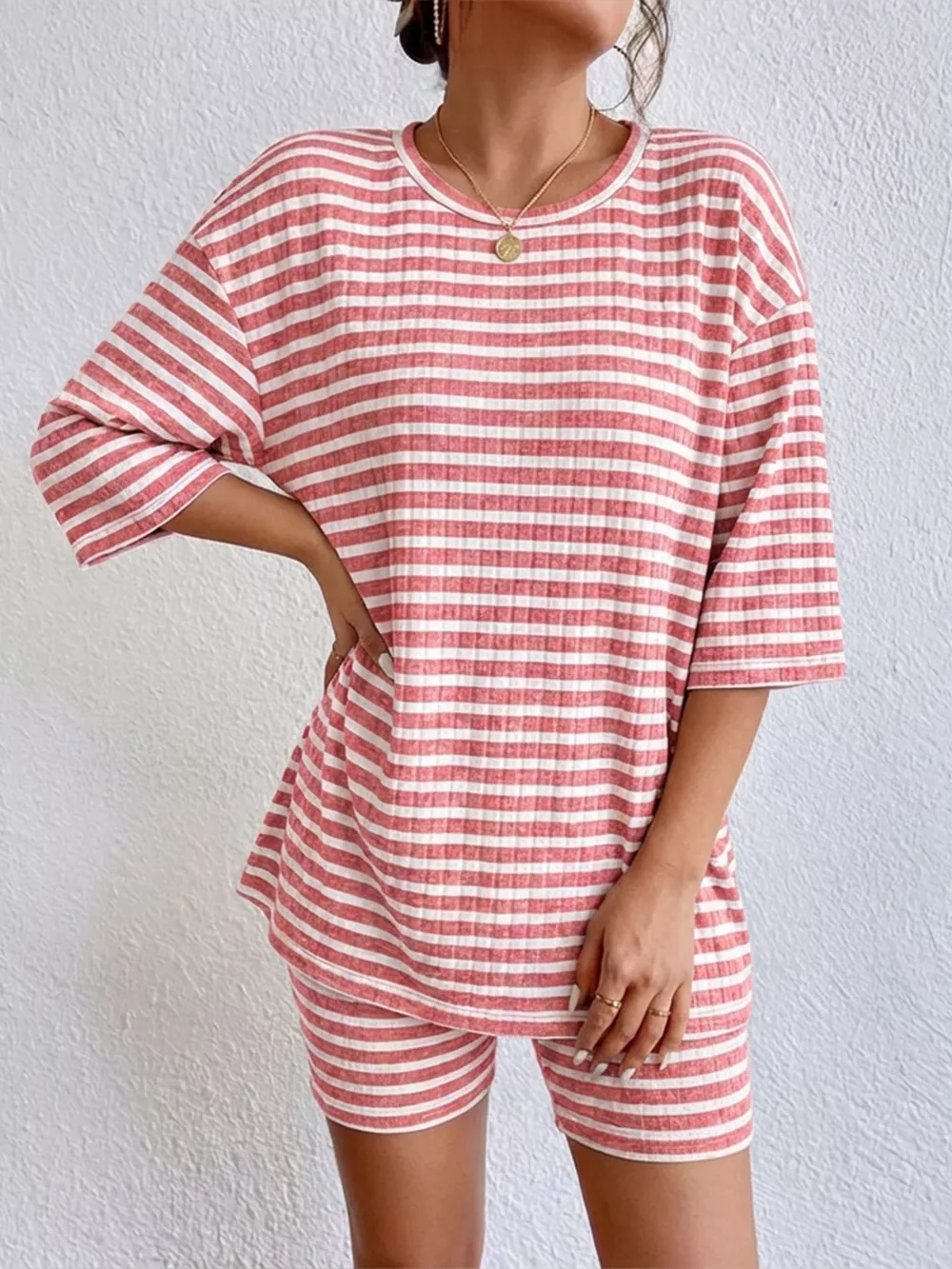 Striped Round Neck Top and Shorts Set, image 5
