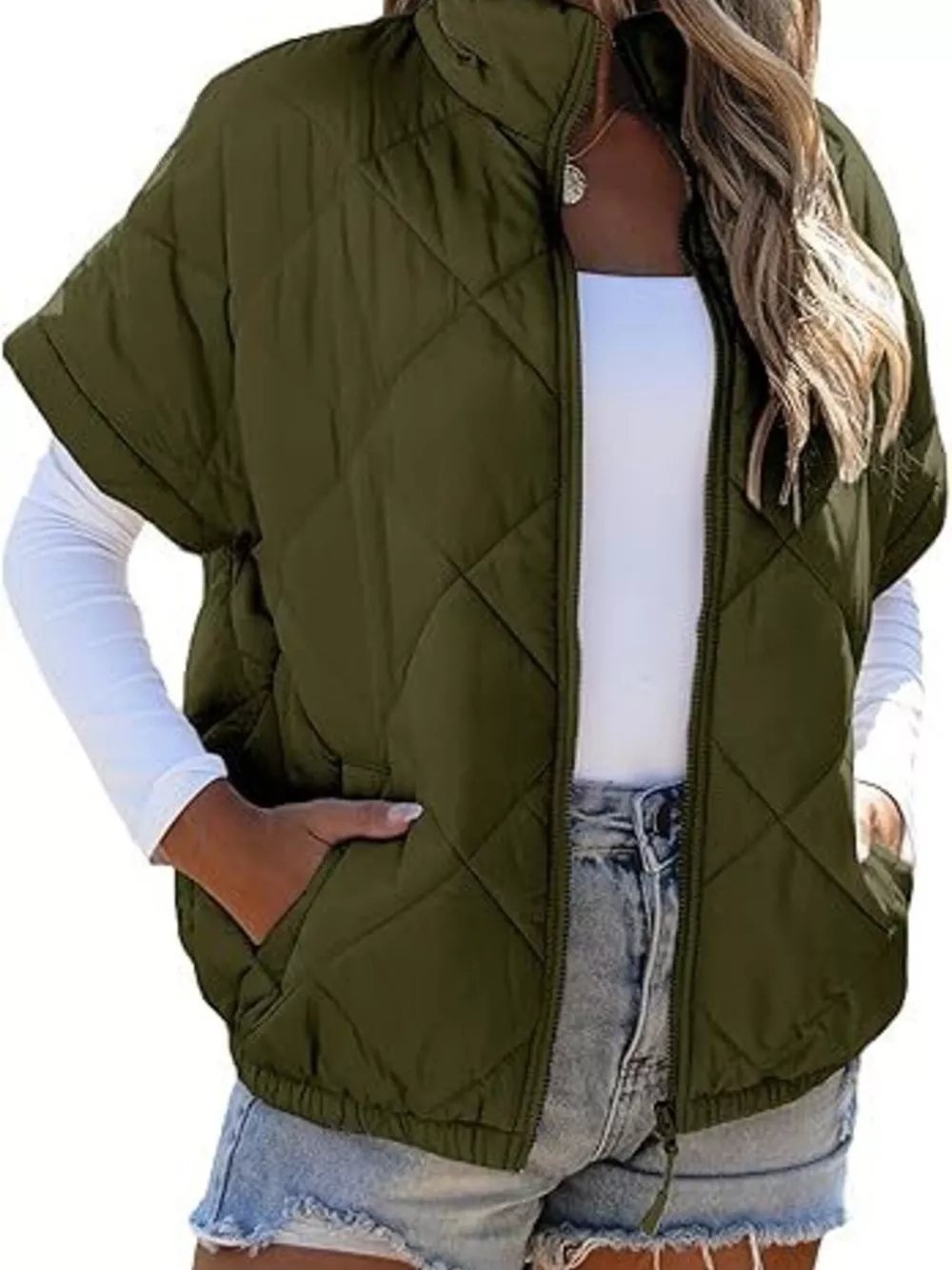 Quilted Zip Up Short Sleeve Winter Coat, image 6
