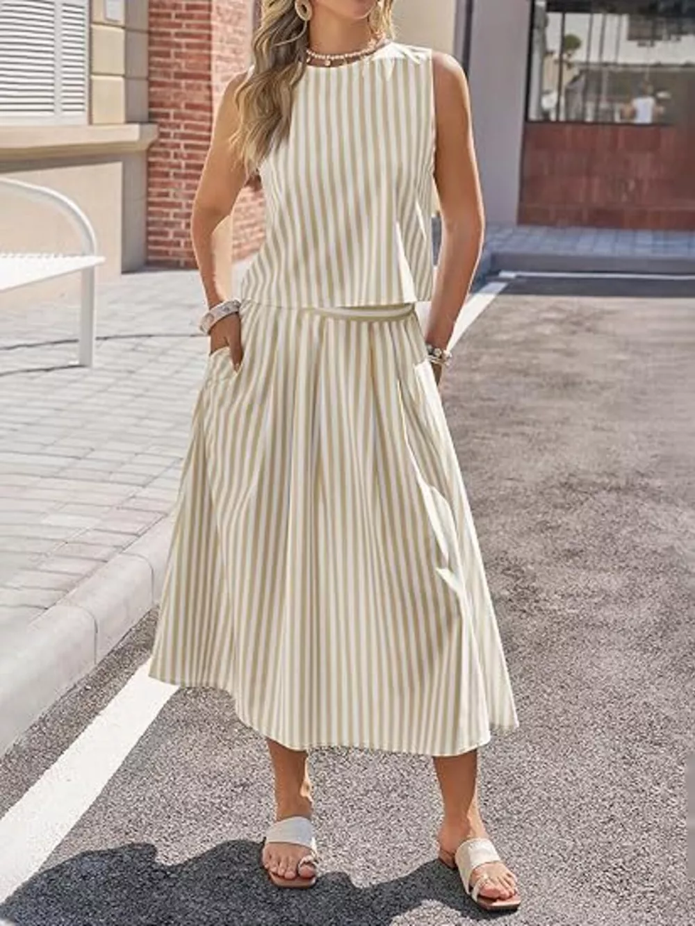 Striped Sleeveless Top and Midi Skirt Two-Piece Set, image 7