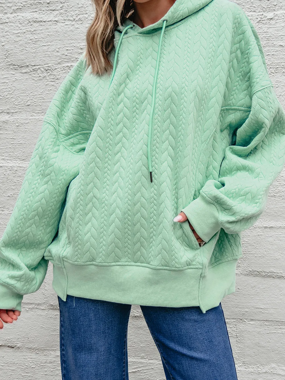 Drawstring Textured Baggy Solid Hoodie, image 18