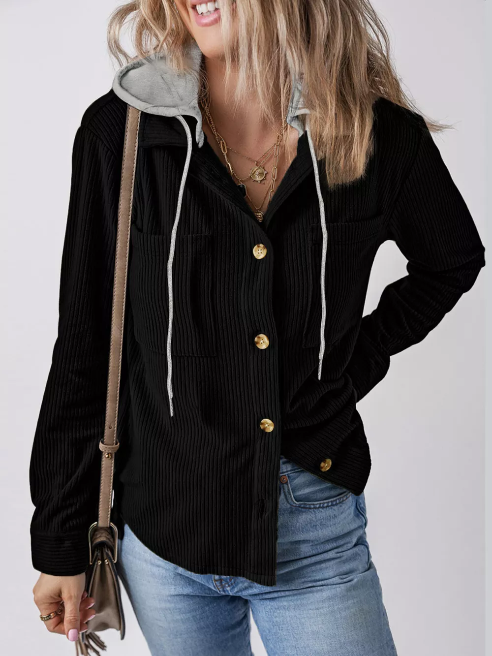 Plus Size Casual Corduroy Button-Down Hooded Jacket, image 3