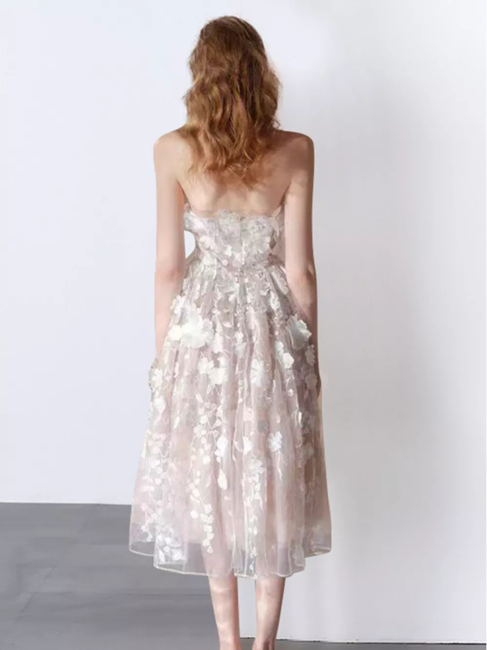 Strapless Floral Applique Midi Dress, image 5