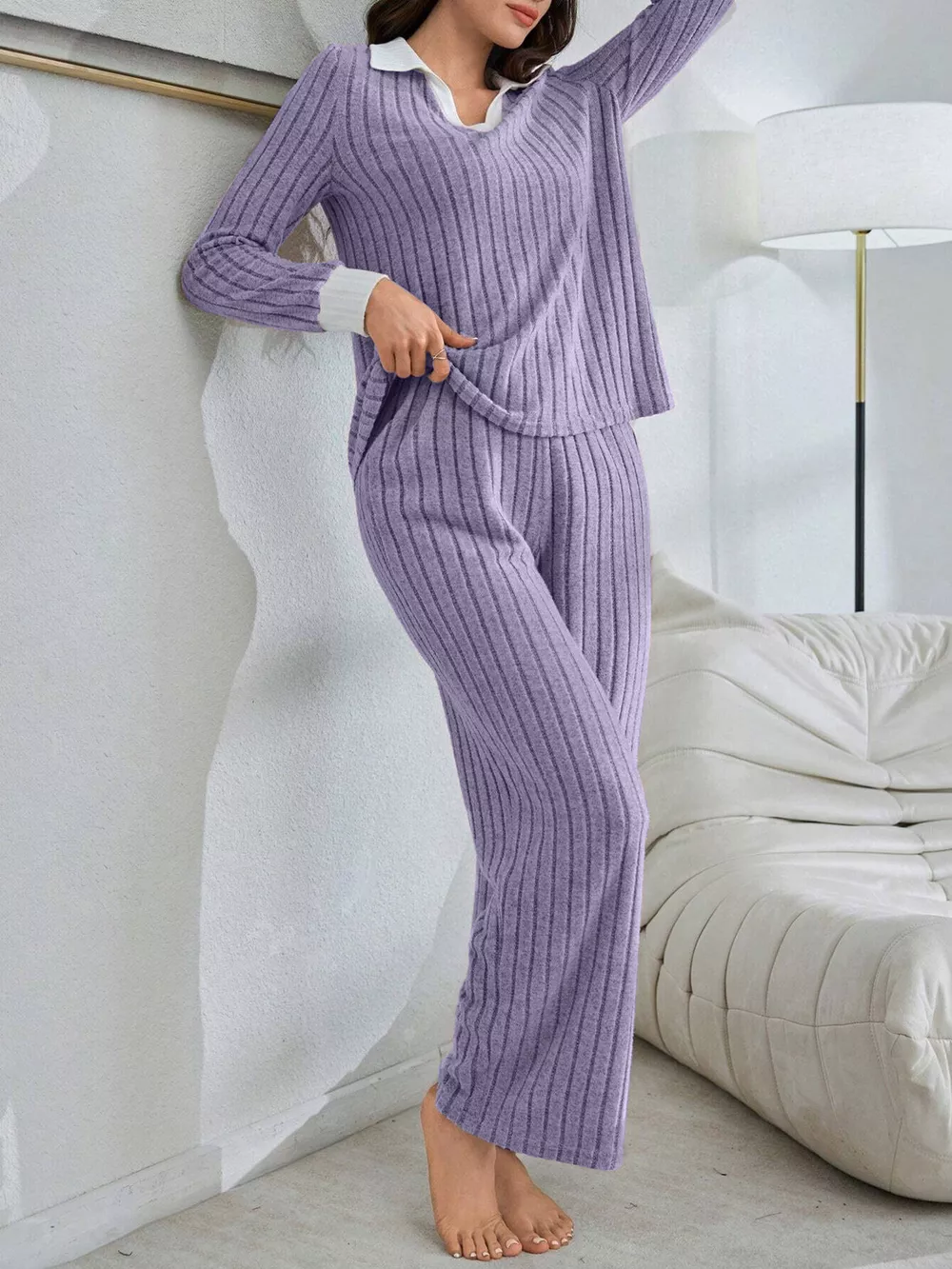 Ribbed Knit Polo Collar Top and Pants Lounge Set, image 6