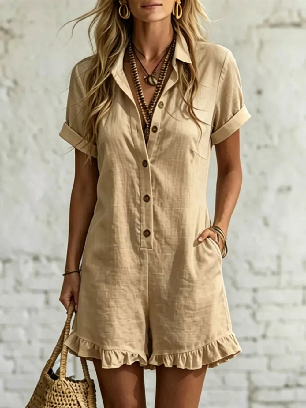 Full Size Button Front Ruffled Hem Romper Plus Size, image 4