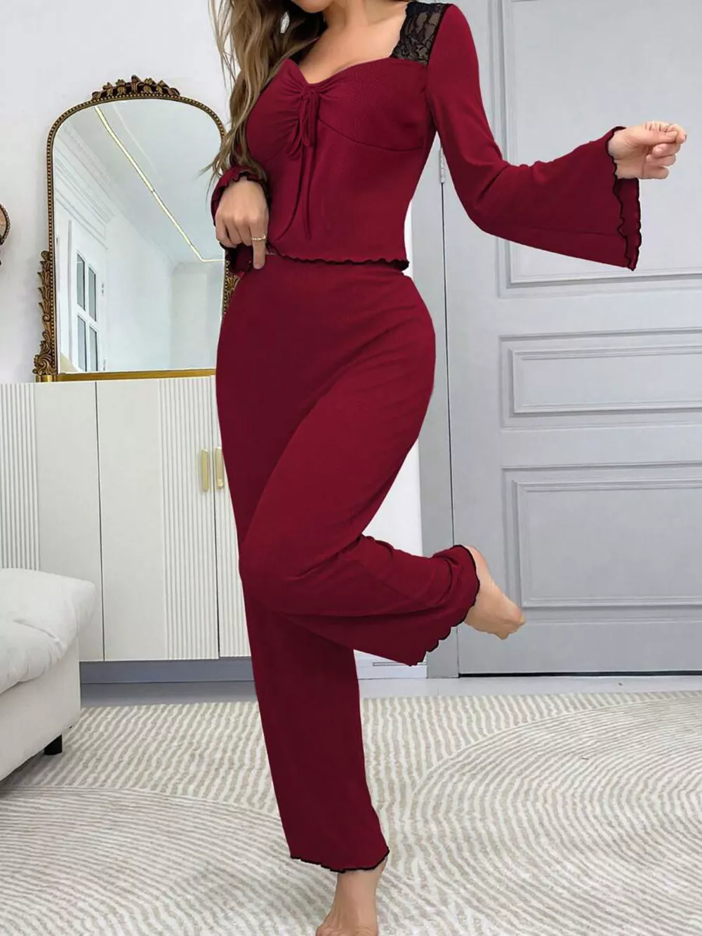 Lace Detail Flare Sleeves Top and Pants Lounge Set, image 14