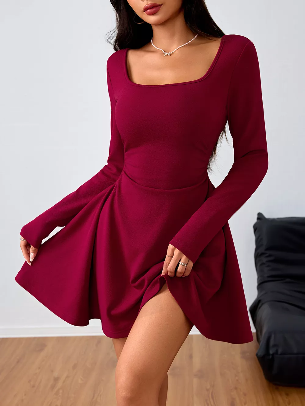 Square Neck Long Sleeve Ruched Waist Mini Dress, image 2