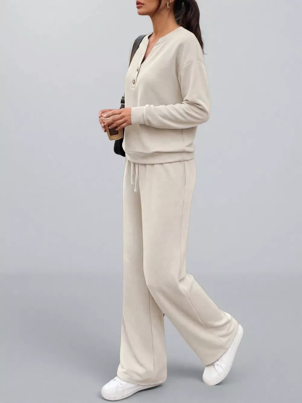 Button Detail Dropped Shoulder Top and Pants Set, image 4